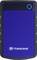 Een externe harde schijf van Transcend in zwart-blauw; robuuste behuizing; bovenaan een blauwe knop; geschikt voor gegevensback-up.