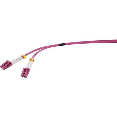Twee roze glasvezelkabels met LC-connectoren, die worden gebruikt voor datatransmissie in netwerken.