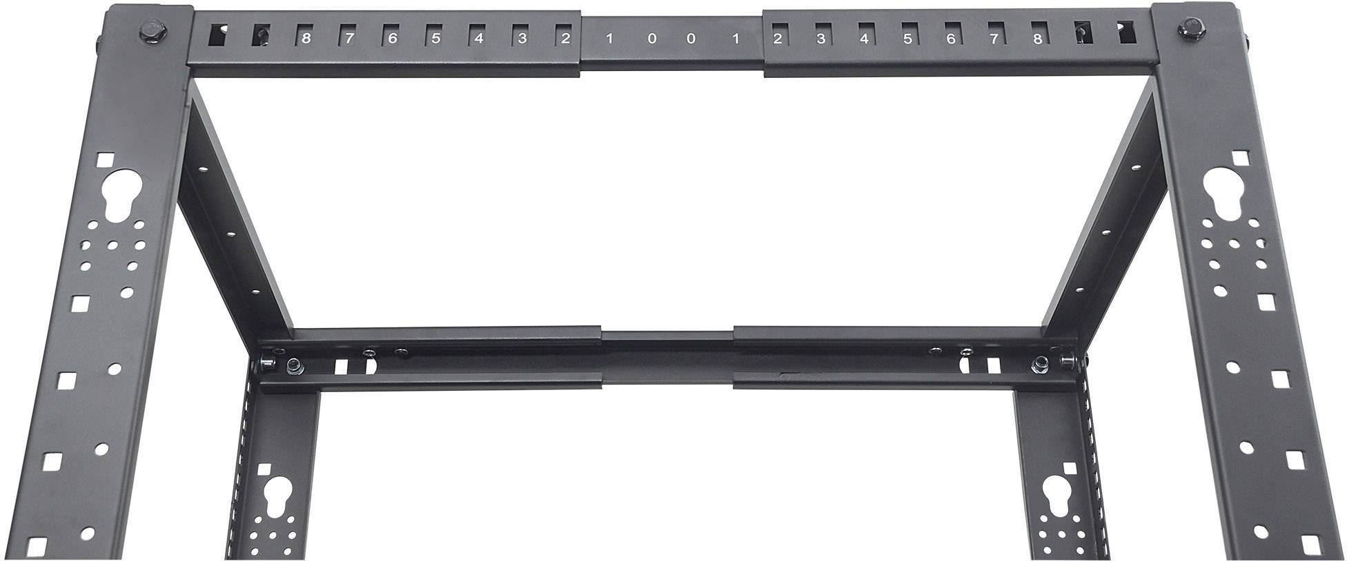 Metalen frame van een netwerkrek. Het frame heeft genummerde beugels en is bedoeld voor de montage van serveruitrusting.