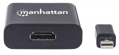 Een zwarte HDMI-adapter van Manhattan, bestaande uit een grote en een kleine aansluiting, voor het converteren van signaaltypen.