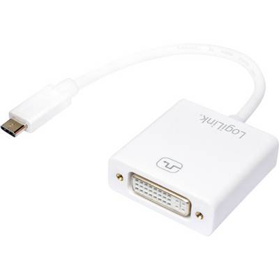 Een witte USB-C naar DVI-adapter van het merk 'LogiLink', met een kort kabel. Gebruikt voor het aansluiten van apparaten op DVI-schermen.
