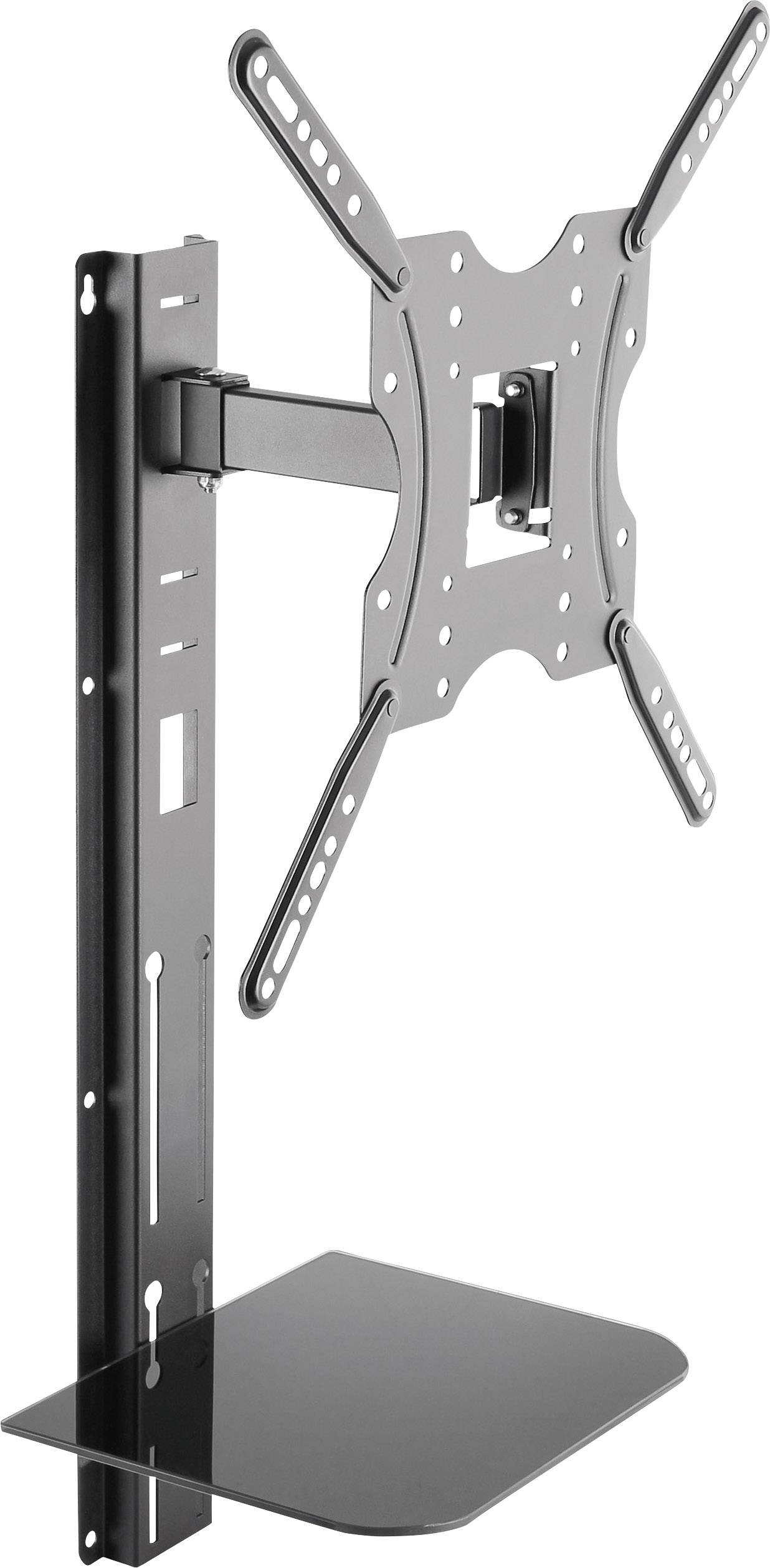 Wandsteun voor tv met draaibare arm en onderste glazen plank voor het plaatsen van apparaten of toebehoren.