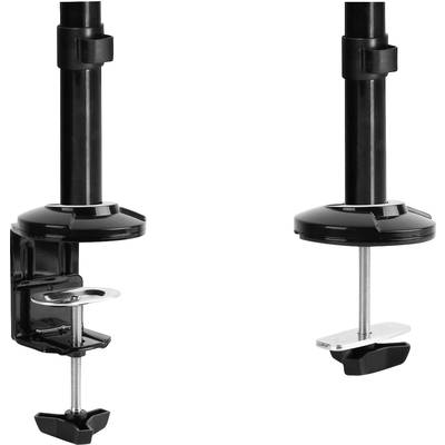Twee zwarte metalen bureauklemmen, verticaal gepositioneerd, voor het bevestigen van monitorarmen aan een bureau.