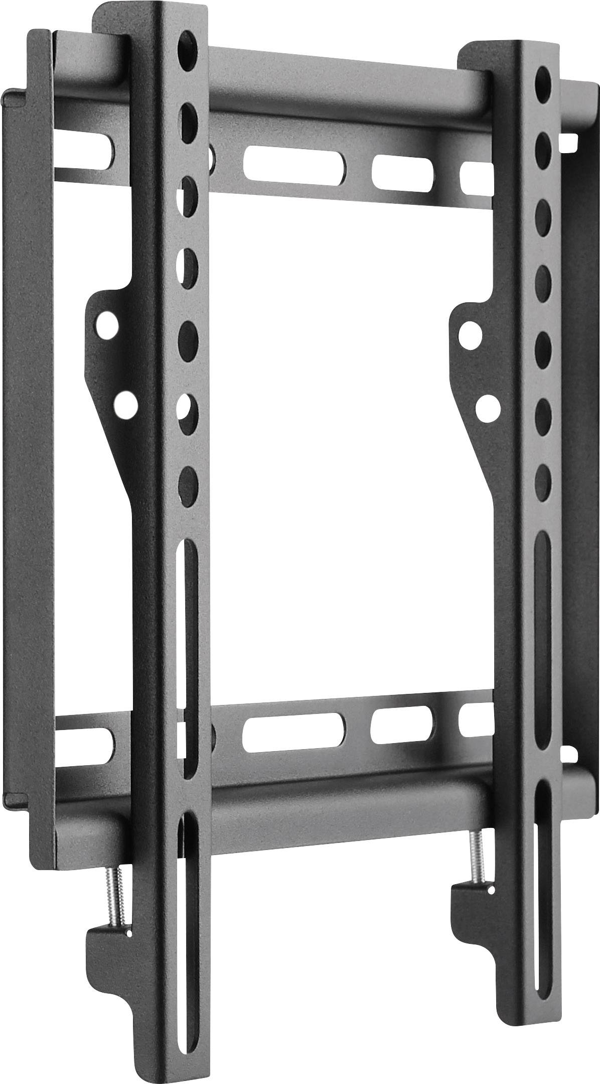 Zwarte TV-wandbeugel van metaal met verticale en horizontale rails. Geschikt voor de veilige bevestiging van flatscreen-televisies.