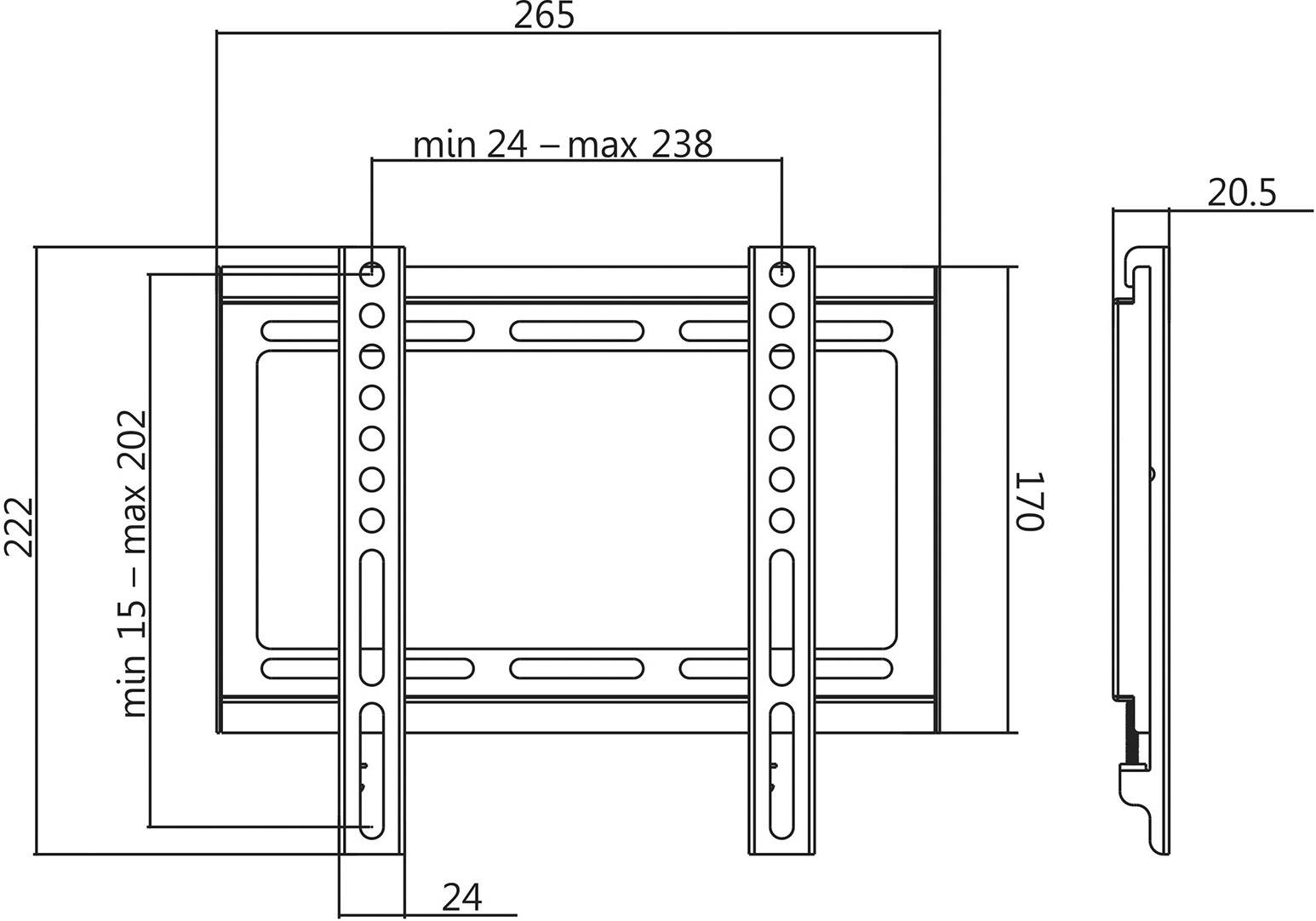 Diagram toont de afmetingen van een tv-wandsteun: breedte 265 mm, hoogte 222 mm, diepte 20,5 mm, verstelbare lengte tussen 202 mm en 238 mm.