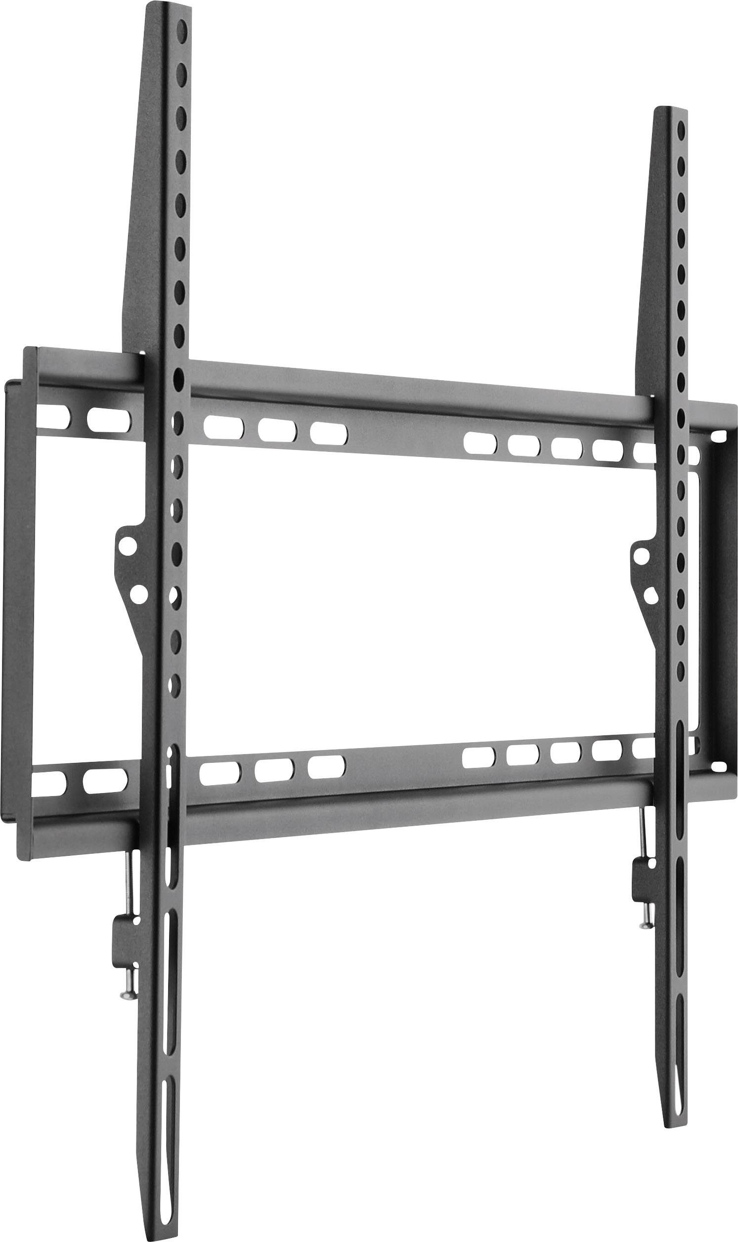 Een zwarte wandsteun voor flatscreen televisies. Hij is gemaakt van metaal, met verstelbare schroeven om te kunnen aanpassen aan verschillende schermformaten.