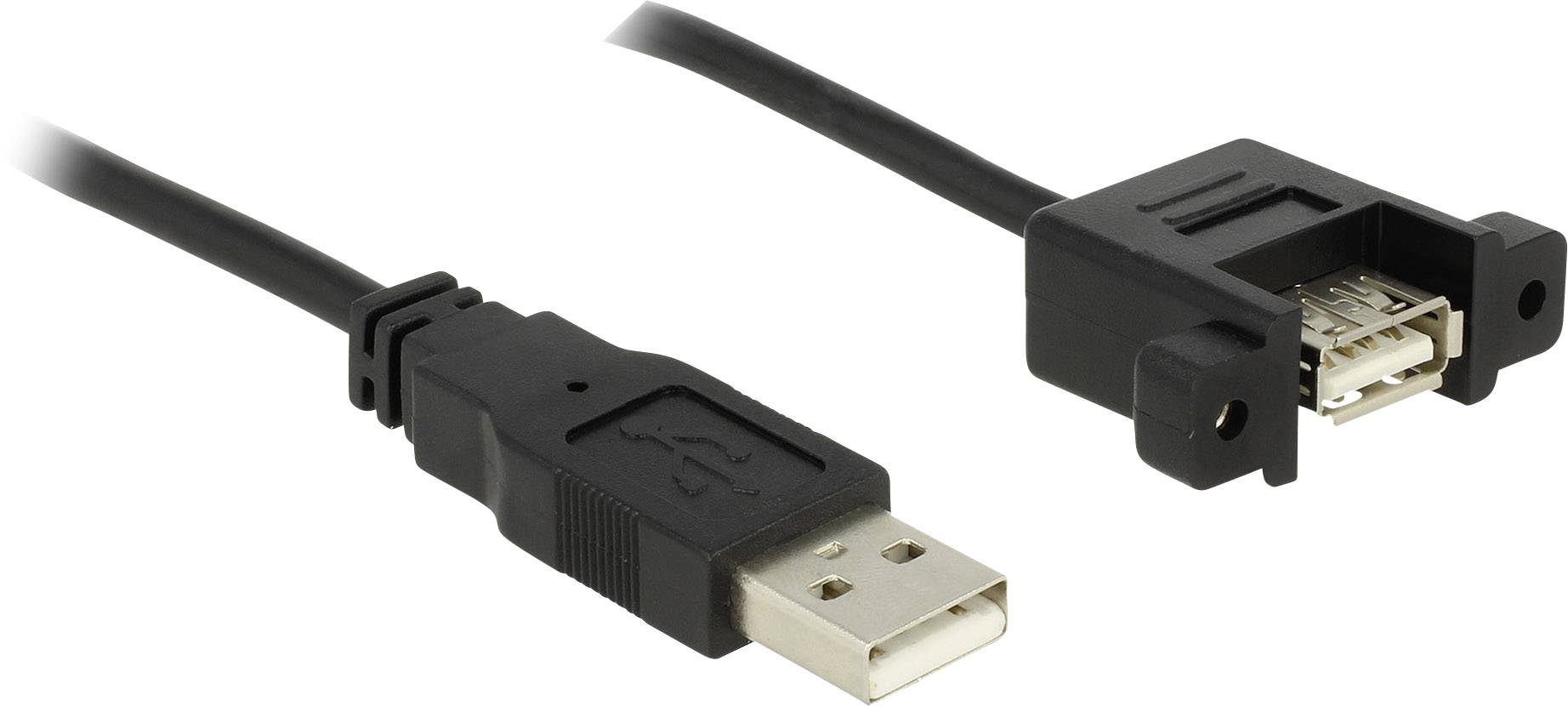 De afbeelding toont twee zwarte USB-kabels, waarvan één met een standaard USB-stekker en de andere met een bevestigingsbeugel.