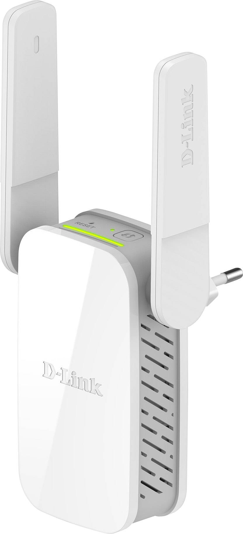 Een witte D-Link wifi-repeater met twee antennes, aangesloten op een stopcontact.