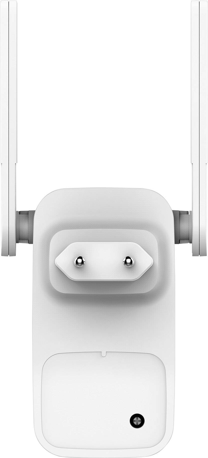 Een witte wifi-versterker met twee antennes en een stekkerverbinding, gezien van bovenaf. Ideaal voor het verbeteren van de internetdekking.