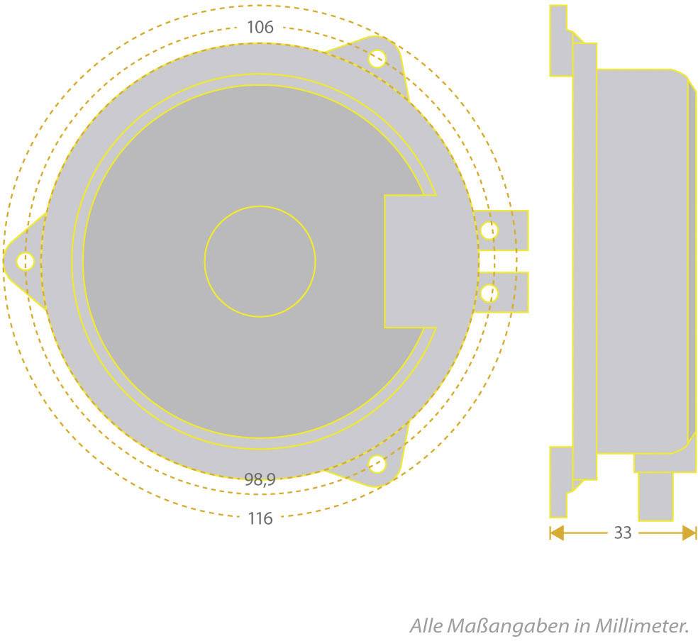 Technische tekening van een ronde luidspreker met bevestigingsbeugels; Afmetingen: diameter 116 mm, diepte 33 mm.