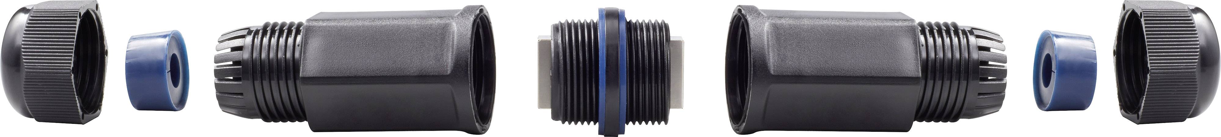 Twee uit elkaar gehaalde zwarte plastic doppen met blauwe ringen en schroefdraad, symmetrisch gerangschikt.