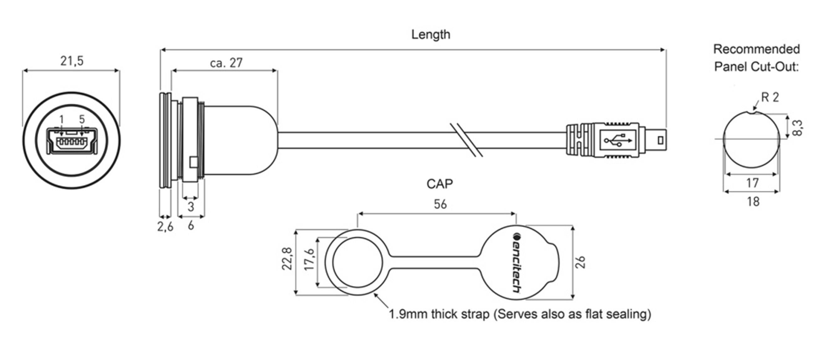 'Diagram van een ronde stekker met USB-aansluiting, afmetingen in mm: stekkerlengte ca. 27, kapplengte 56, uitsnedegrote 18 x 17.'