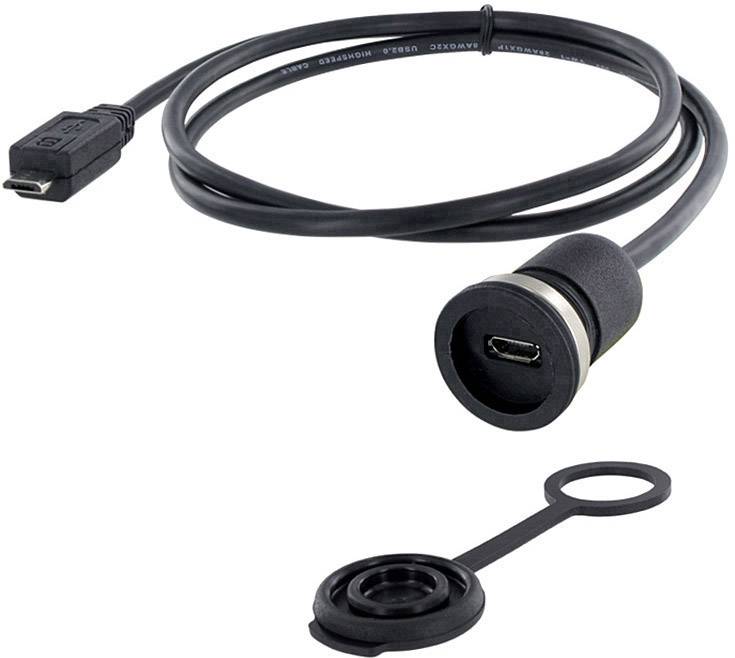 Een USB-kabel met een weerbestendige bajonetaansluiting en beschermkap, geschikt voor gebruik in ruige omgevingen.