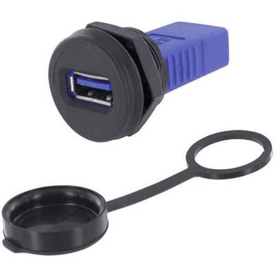 Een USB-aansluiting met een blauwe stekker en zwarte afdekking, die geïntegreerd kan worden in elektronische apparaten of op een paneel kan worden gemonteerd.