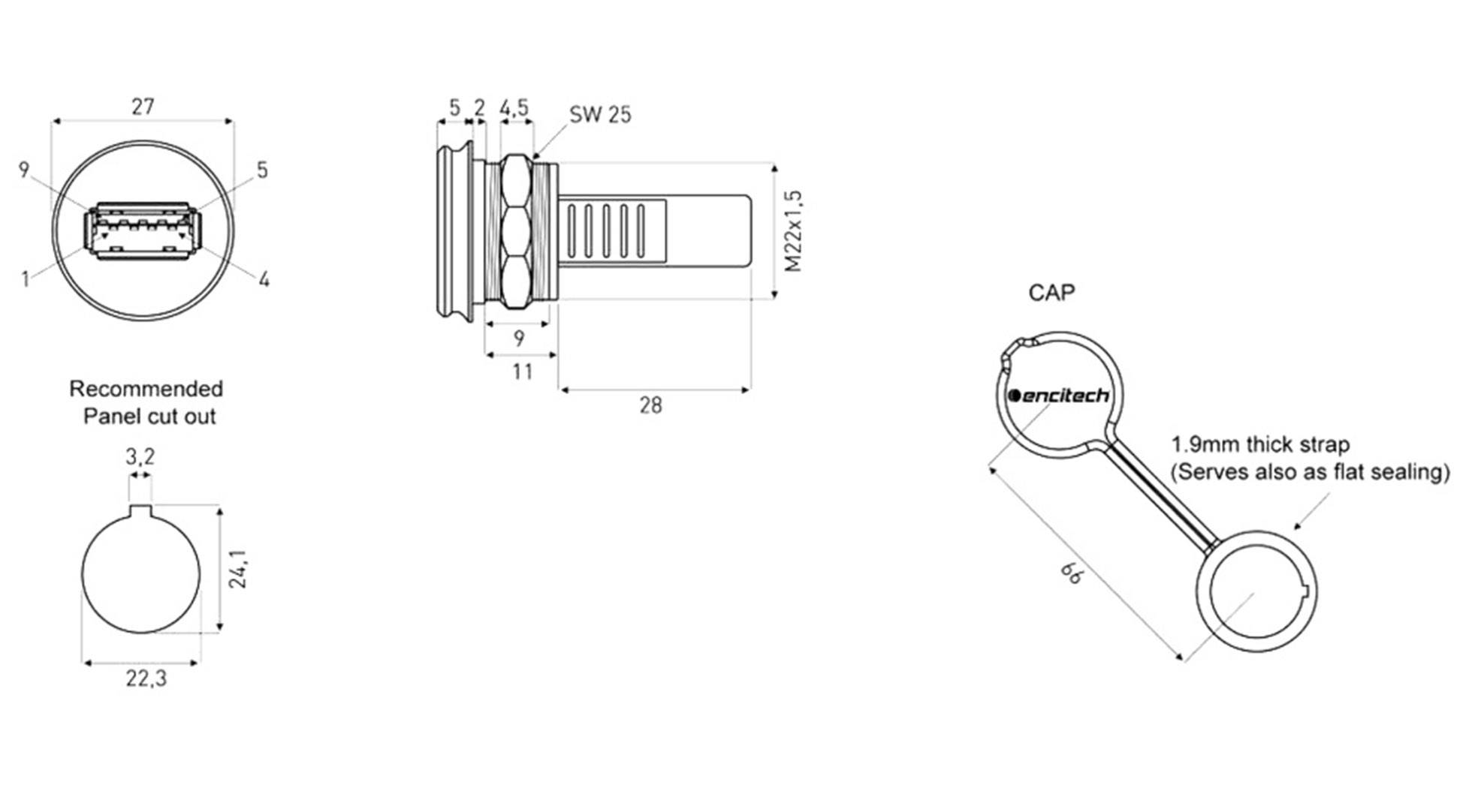 Technische tekening van een elektrische stekker met afmetingen en details van de paneeldoorvoermaat. Bevat instructies voor afdekking en afdichting.