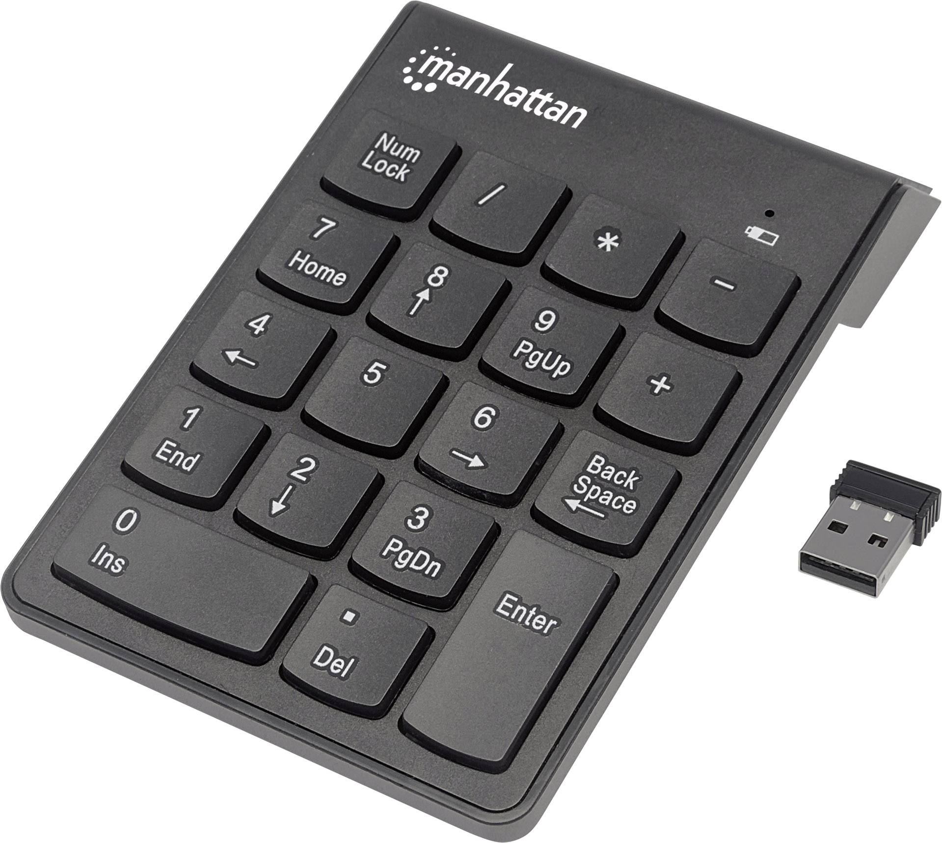 Manhattan numeriek toetsenbord, draadloos (2,4 GHz), USB-A micro-ontvanger, 18 toetsen van normaal formaat, zwart, membr-0