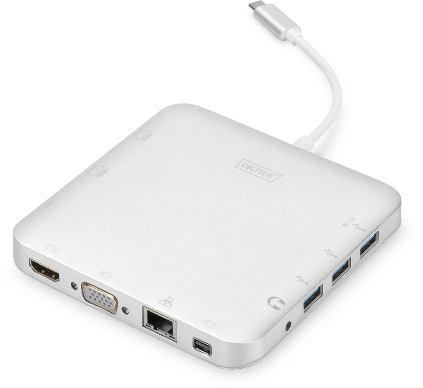 Een zilveren USB-C-dockingstation met meerdere aansluitingen, waaronder HDMI, VGA, Ethernet, USB en USB-C.