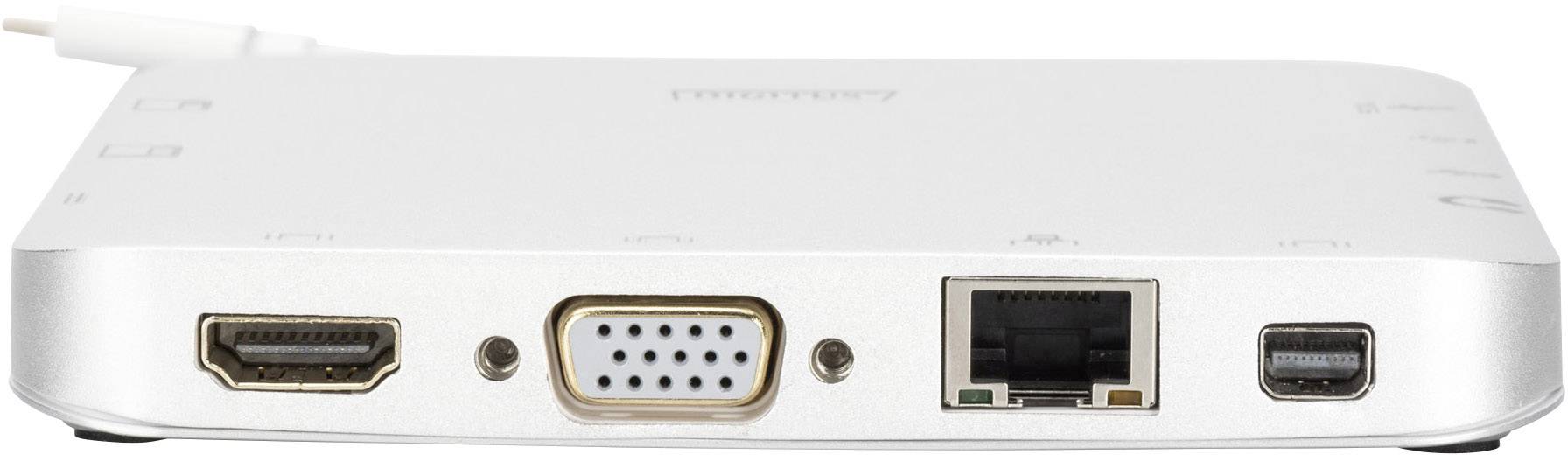 'Achterkant van een witte adapter met aansluitingen: HDMI, VGA, Ethernet en USB. Verbindingskabels links, adapterfunctie op de voorgrond.'
