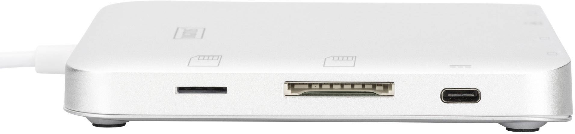 Een wit apparaat met drie aansluitingen: SD-kaartlezer, microSD-kaartsleuf en USB-C-poort, liggend op een tafel.