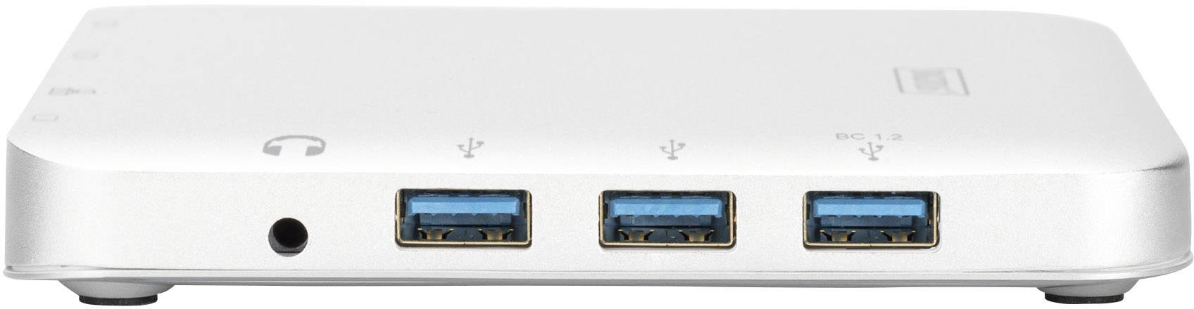 Een witte USB-hub met drie USB-poorten en een audio-aansluiting aan de voorkant; ideaal voor het aansluiten van meerdere apparaten.