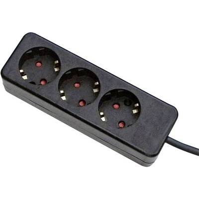 'Zwarte stekkerdoos met drie stopcontacten en kabel.'