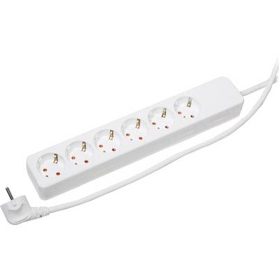 Een witte stekkerdoos met zes aansluitingen en een aangesloten kabel met een Europese stekker.