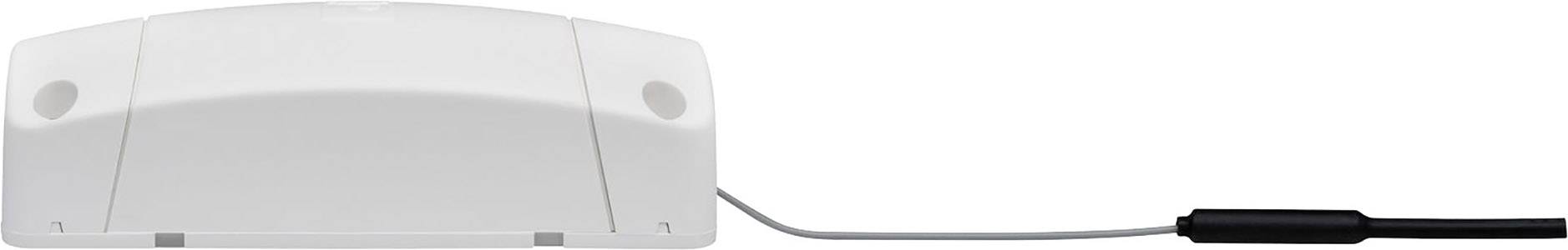 Witte plastic doos met kabelaansluiting; vermoedelijk een sensor of apparaat.