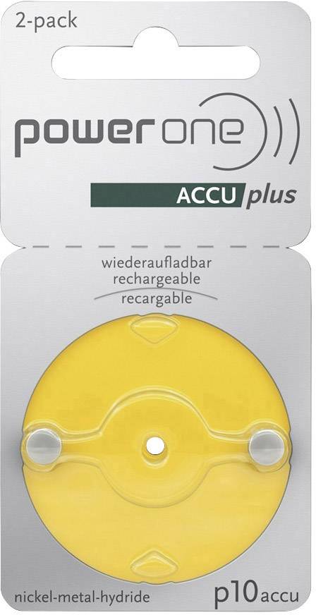 Twee oplaadbare hoortoestelbatterijen 'power one ACCU plus', type p10, nikkel-metaalhydride in een geel blisterverpakking.