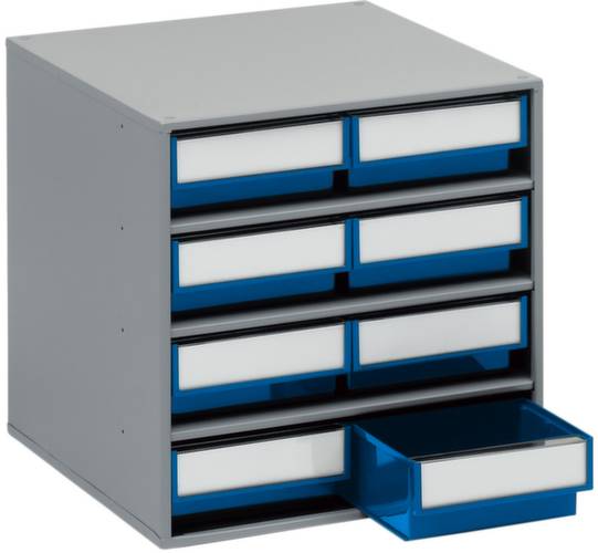 Metalen ladenkast met negen blauwe laden, waarbij één lade licht is uitgetrokken.
