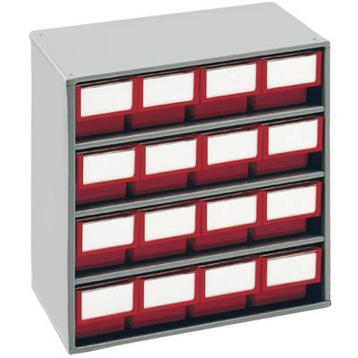 Een grijze ladenkast met vijf rijen rode lades, elk voorzien van een wit etiket, voor het opbergen van kleine onderdelen.