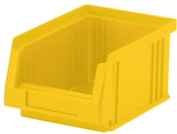 Een gele kunststof container met een open voorkant, geschikt voor het opslaan van kleine voorwerpen of materialen.