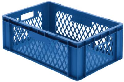 Blauwe kunststof krat met gazen zijwanden, vaak gebruikt voor opslag of transport van goederen. Rechthoekige vorm met handgrepen.