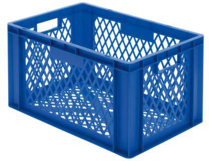 Blauwe plastic kist met rasterpatroon, typisch voor opslag of transport.