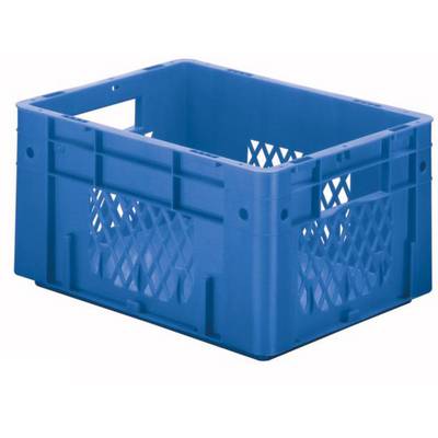 Blauwe kunststof krat met open roosters aan de zijkanten, vaak gebruikt voor opslag en transport in verschillende bedrijfstakken.