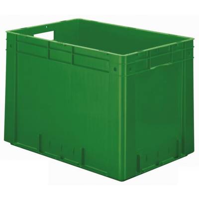 Groene kunststof kist met handgreep opening aan de zijkant.