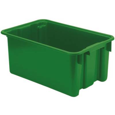 Groene kunststof opbergkist met rechthoekige vorm en versterkte randen. Deze is bedoeld voor opslag of transport van voorwerpen.