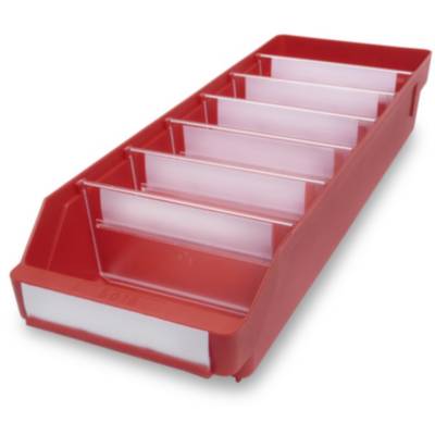 Rode opbergcontainer met meerdere vakken voor nette opslag van kleine onderdelen.