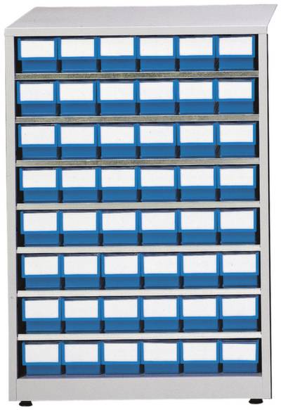 Metalen kast met vijf schappen, voorzien van blauwe en witte laden. Ideaal voor het opbergen van kleine voorwerpen of gereedschappen.