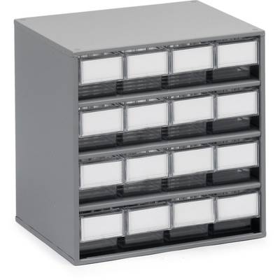 Een kleine, grijze kunststof kast met vier rijen en vijf doorzichtige laden per rij voor de opslag van kleine voorwerpen.