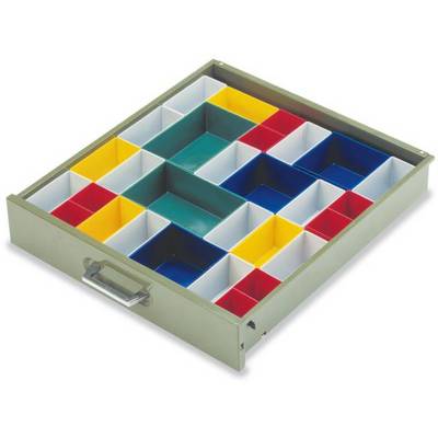 Lade met gekleurde, in elkaar grijpende scheidingswanden: Rood, Geel, Blauw, Groen en Wit, die verschillende vakken vormen.