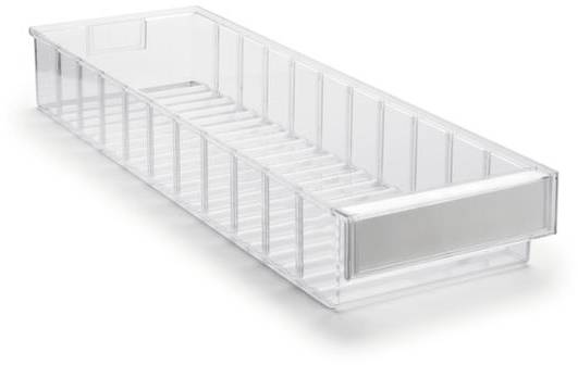 Een transparante, langwerpige plastic container met vakken om kleine voorwerpen in te organiseren.