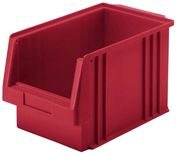 Rode kunststof container met open voorkant, geschikt voor het opbergen van kleinere voorwerpen.