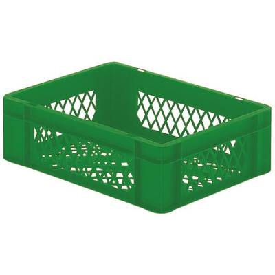 Groene kunststof kist met open wanden die ventilatie mogelijk maken. Ideaal voor opslag of transport van verschillende voorwerpen.