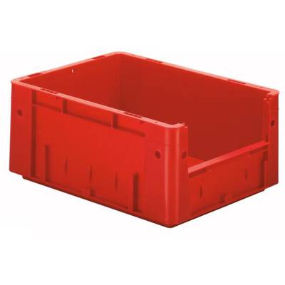 Rode, rechthoekige kunststof container, leeg en open, ideaal voor opslag of transport van goederen.