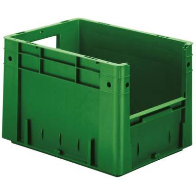 Groene kunststof opbergdoos in rechthoekige vorm, stevig en zonder deksel.