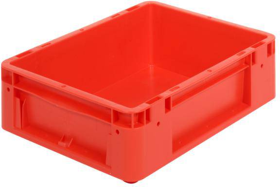 Een rechthoekige, rode plastic container met gladde zijden en versterkte hoeken. Ideaal om te stapelen en voorwerpen in op te slaan.