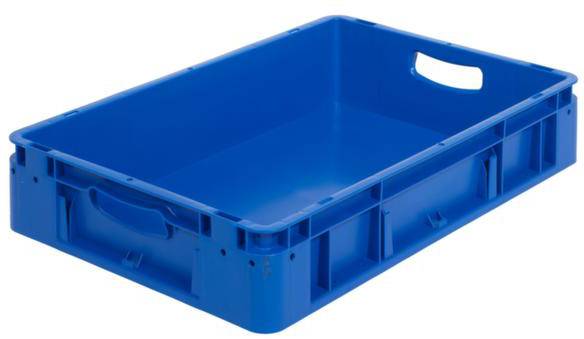 Een blauwe kunststof container met een rechthoekige vorm en handgrepen aan de zijkanten.