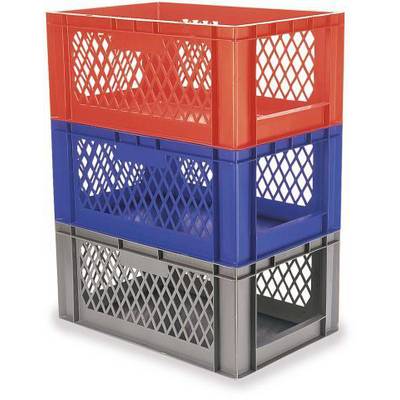 Drie op elkaar gestapelde kunststof dozen in rood, blauw en grijs met een roosterstructuur, geschikt voor opslag en transport.