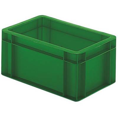Groene kunststof opbergdoos, rechthoekig, met gladde zijden en afgeronde hoeken, op witte achtergrond.