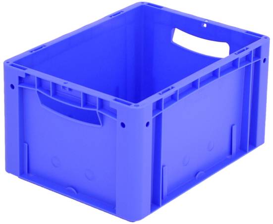 Een lege, blauwe kunststof kist met handgrepen, ideaal voor opslag of transport van goederen en materialen.